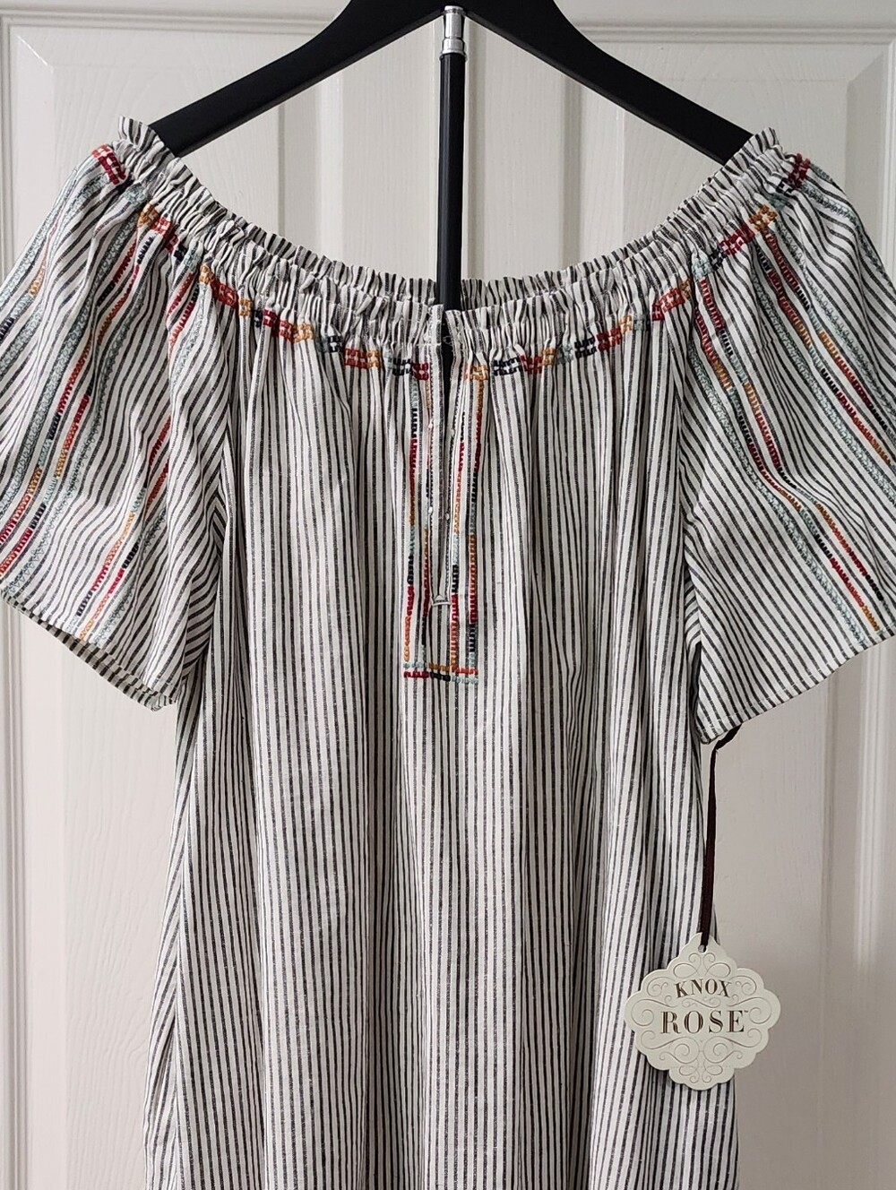 Knox Rose Black-and-White Striped Off-Shoulder Dress Embroidered Accents - Picture 3 of 11